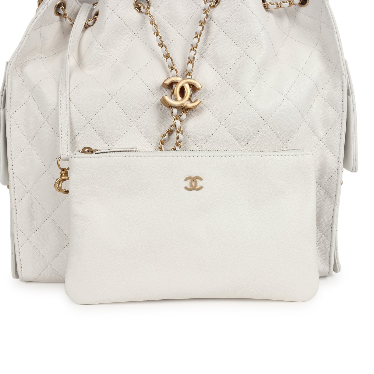 Chanel Medium 25 Hobo Bag White Caviar Antique Gold Hardware
