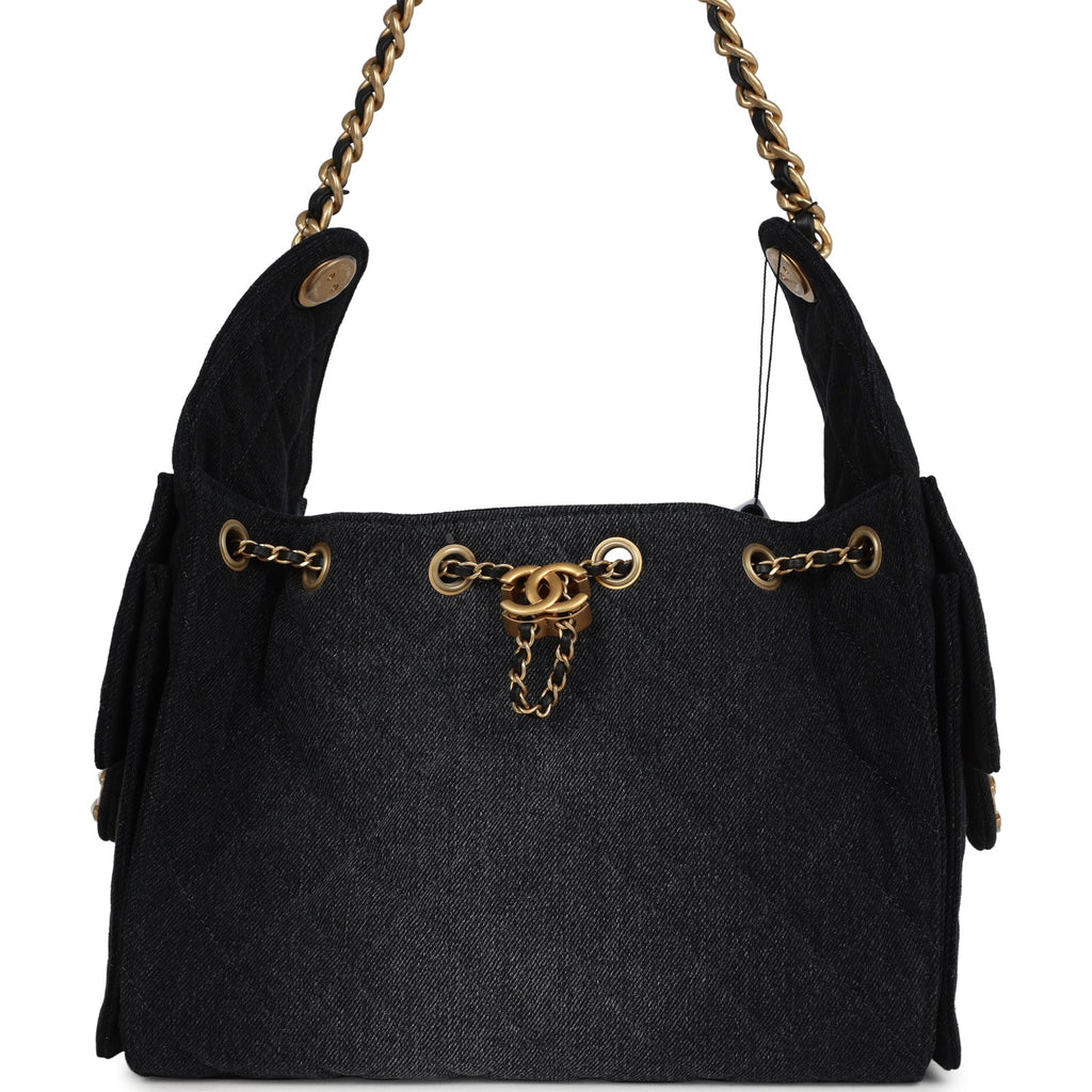 Chanel Small 25 Hobo Bag Black Washed Denim Antique Gold Hardware