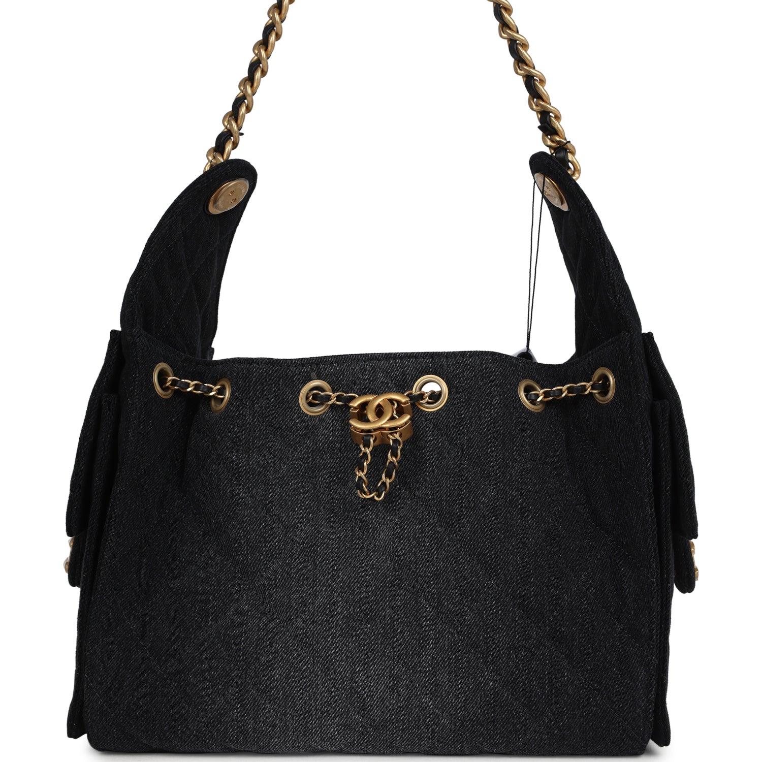 Chanel Small 25 Hobo Bag Black Washed Denim Antique Gold Hardware