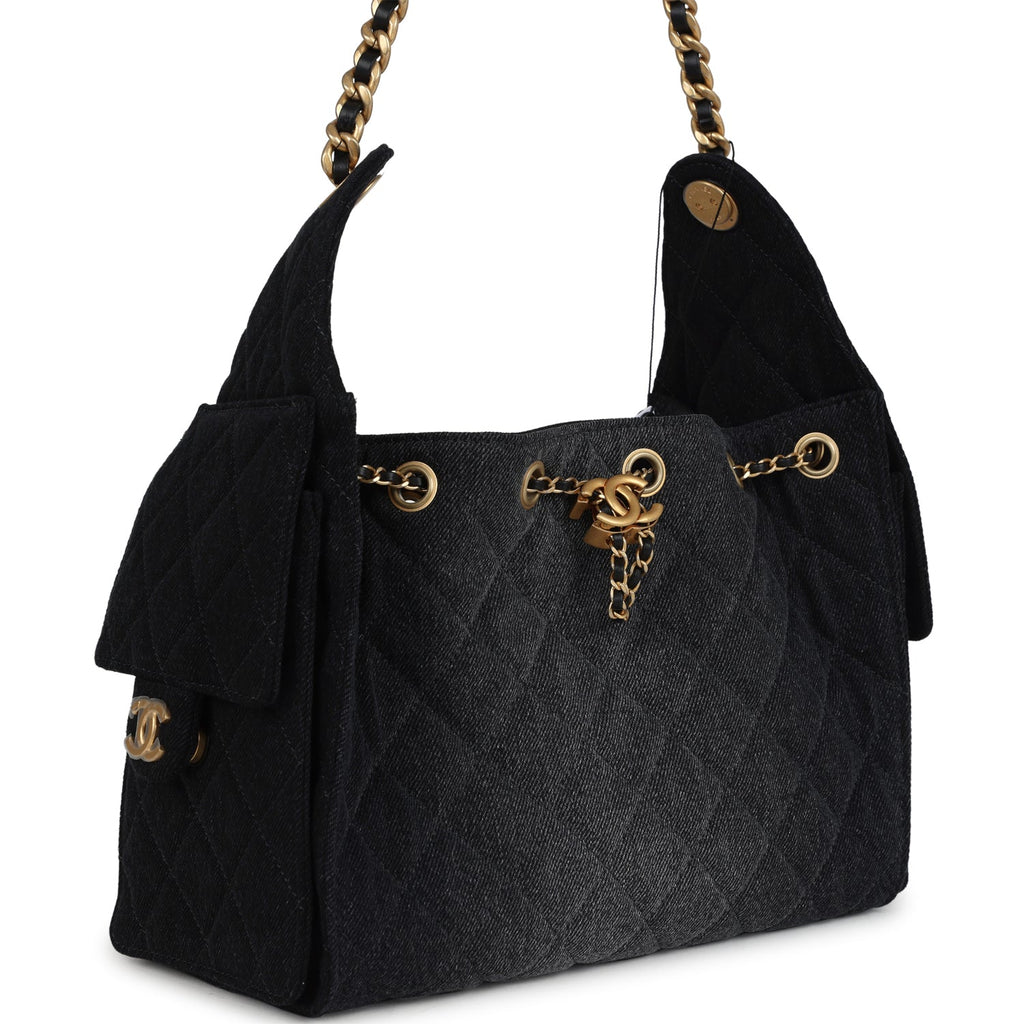 Chanel Small 25 Hobo Bag Black Washed Denim Antique Gold Hardware