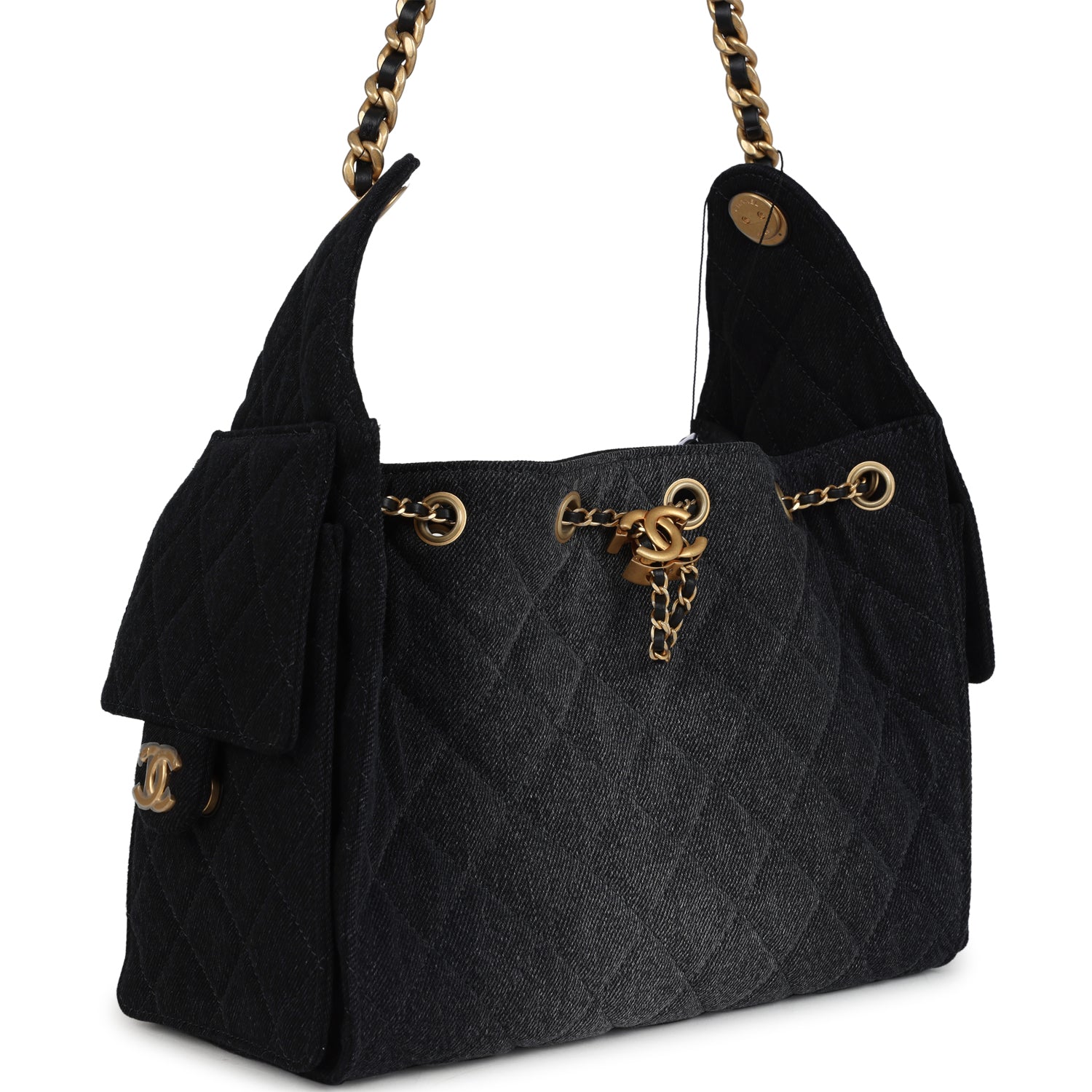 Chanel Small 25 Hobo Bag Black Washed Denim Antique Gold Hardware