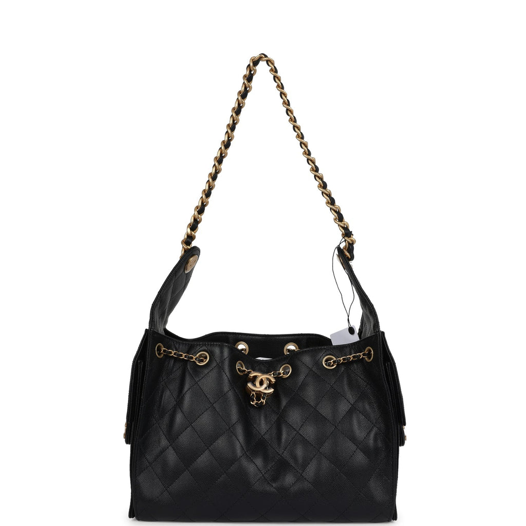 Chanel Small 25 Hobo Bag Black Caviar Antique Gold Hardware