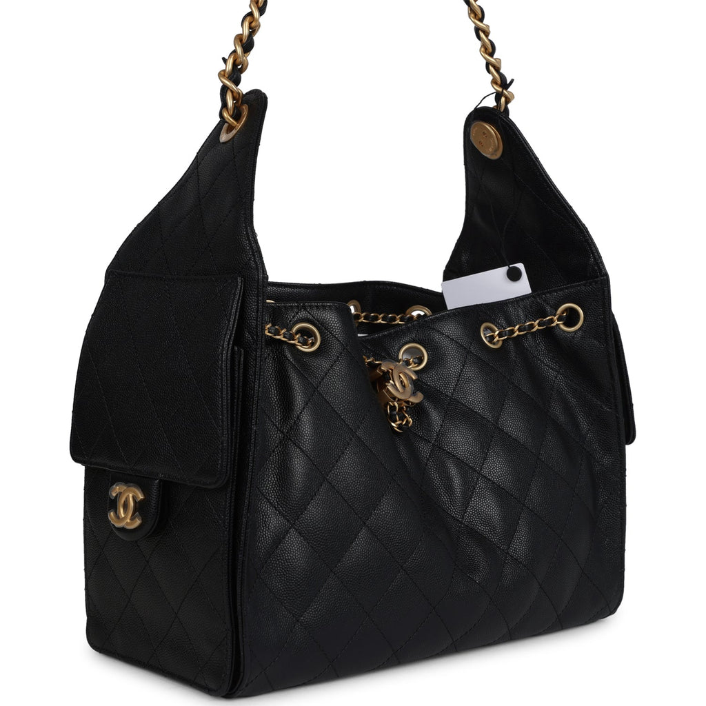 Chanel Small 25 Hobo Bag Black Caviar Antique Gold Hardware