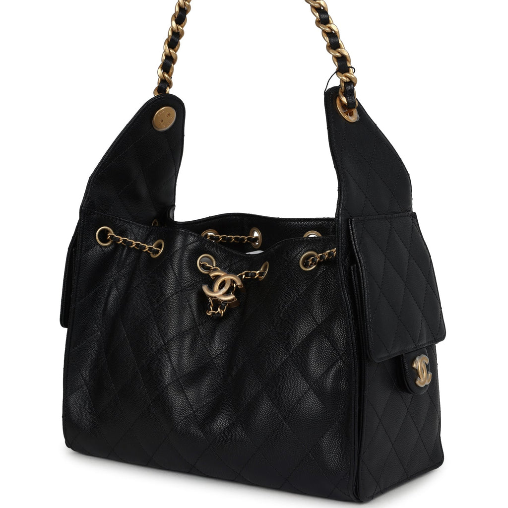 Chanel Small 25 Hobo Bag Black Caviar Antique Gold Hardware