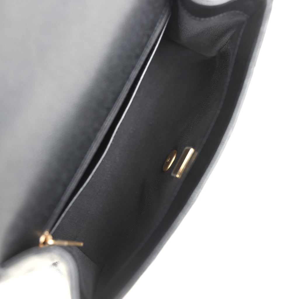 Chanel Small Top Handle Flap Bag Black Shiny Grained Calfskin Brushed Gold Hardware