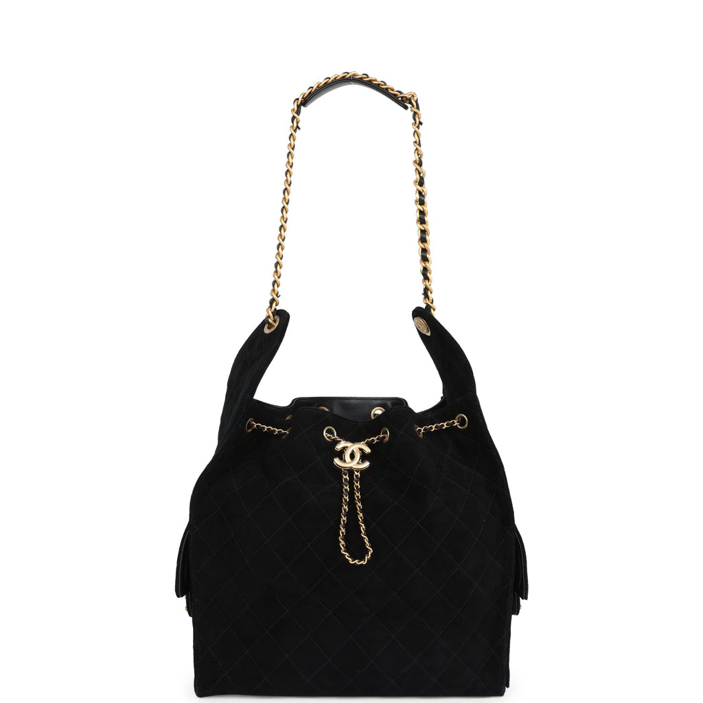 Chanel Large 25 Hobo Bag Black Suede Antique Gold Hardware