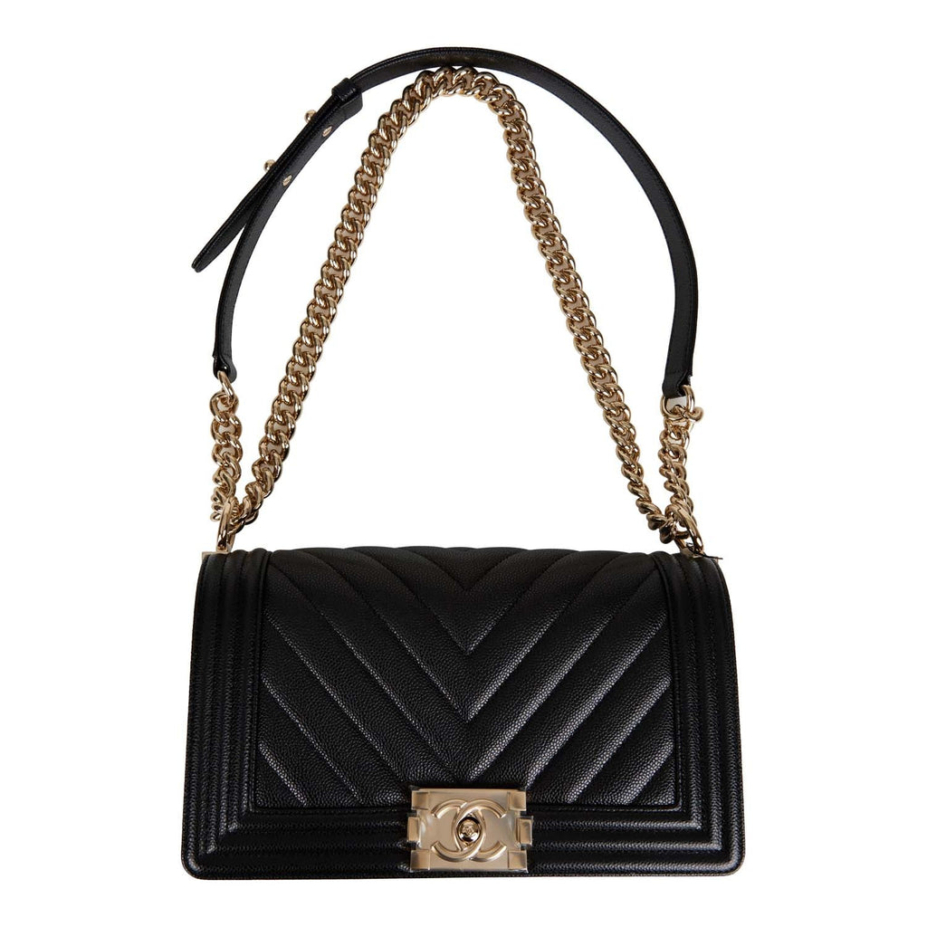 Chanel Medium Boy Bag Black Chevron Caviar Light Gold Hardware