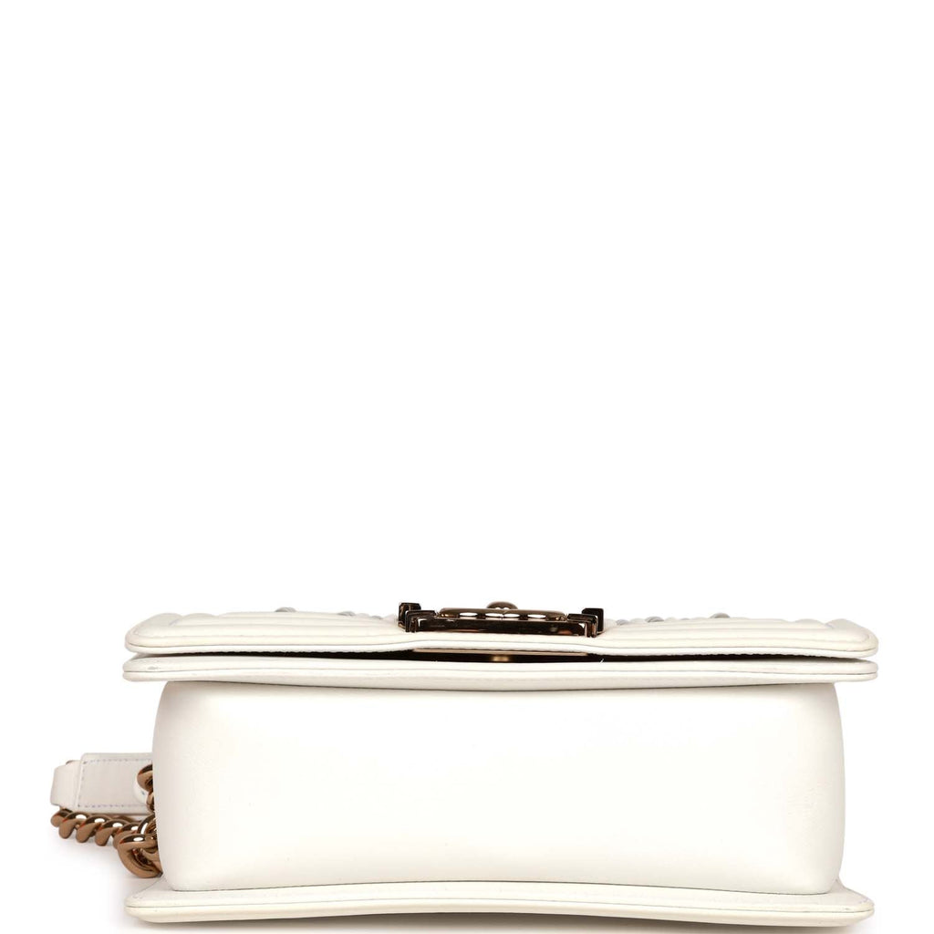 Chanel Small Boy Bag White Calfskin with Imitation Pearls Light Gold Hardware