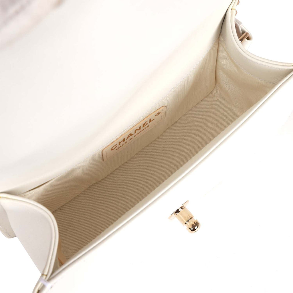 Chanel Small Boy Bag White Calfskin with Imitation Pearls Light Gold Hardware