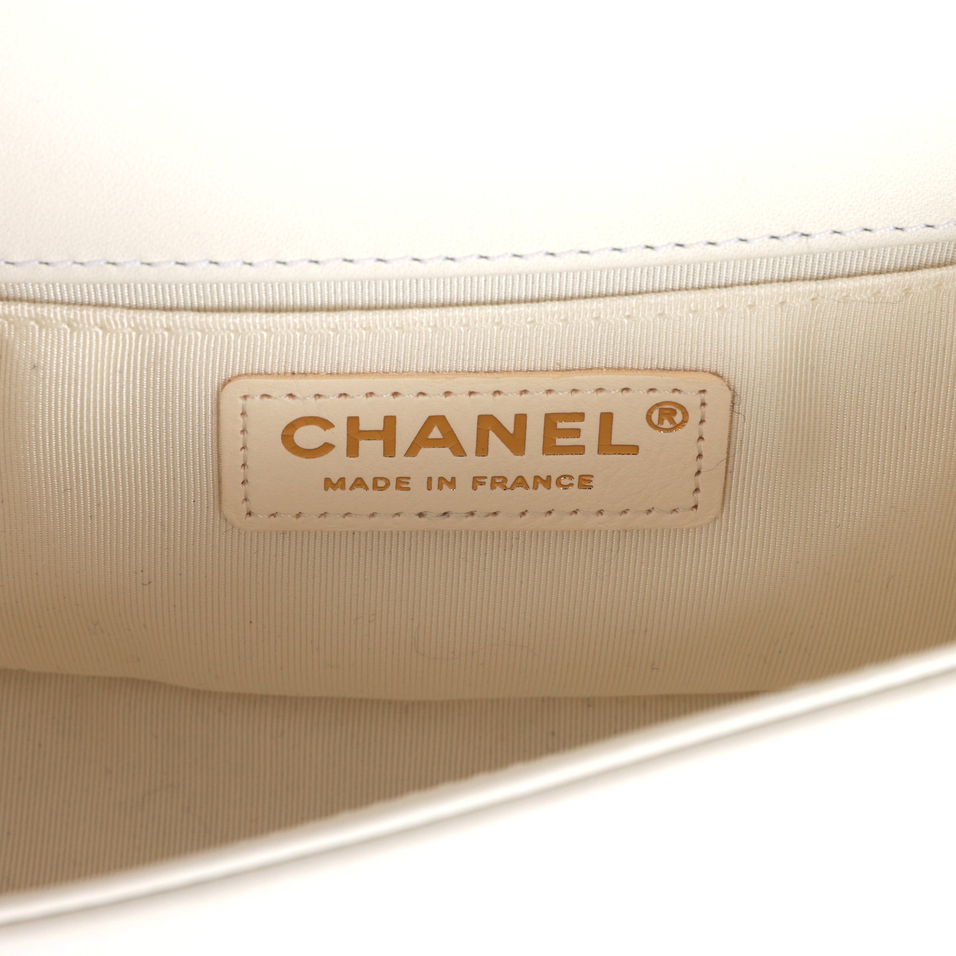 Chanel Small Boy Bag White Calfskin with Imitation Pearls Light Gold Hardware