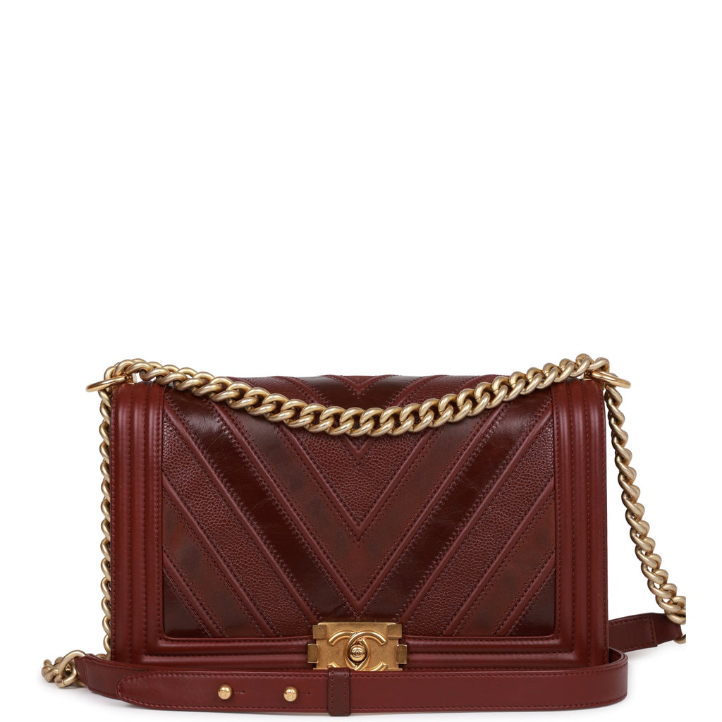 Chanel New Medium Boy Bag Burgundy Chevron Antique Gold Hardware