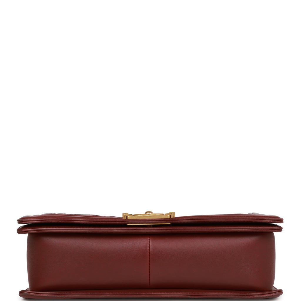 Chanel New Medium Boy Bag Burgundy Chevron Antique Gold Hardware