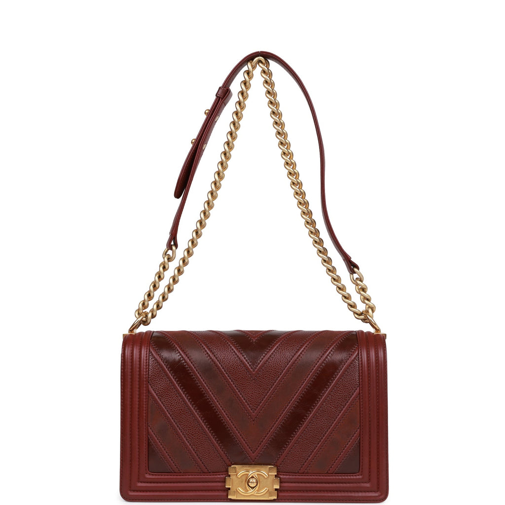 Chanel New Medium Boy Bag Burgundy Chevron Antique Gold Hardware