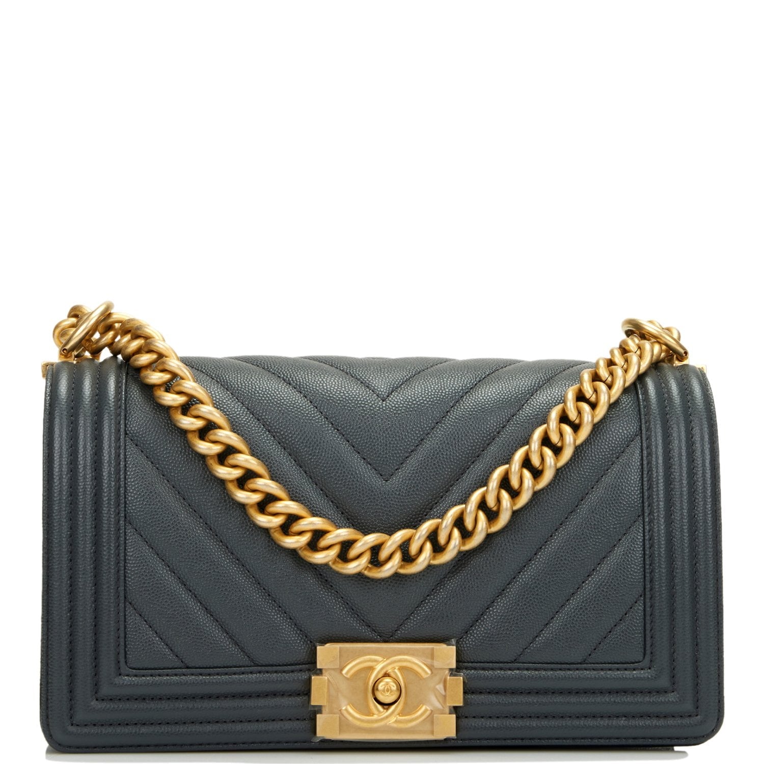 Chanel Medium Boy Bag Dark Grey Chevron Caviar Antique Gold Hardware