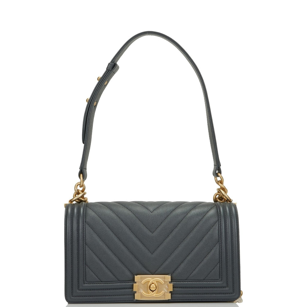 Chanel Medium Boy Bag Dark Grey Chevron Caviar Antique Gold Hardware