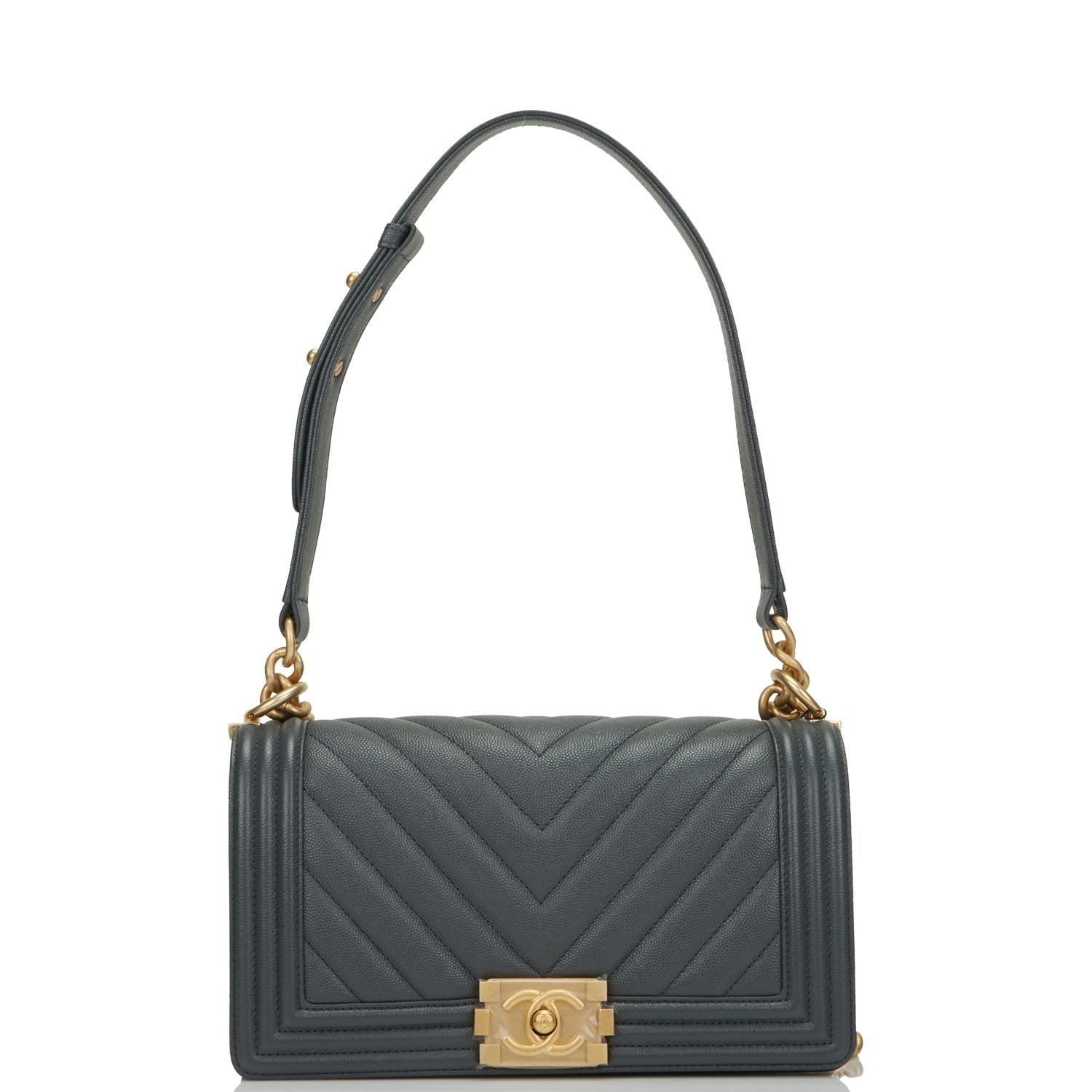 Chanel Medium Boy Bag Dark Grey Chevron Caviar Antique Gold Hardware