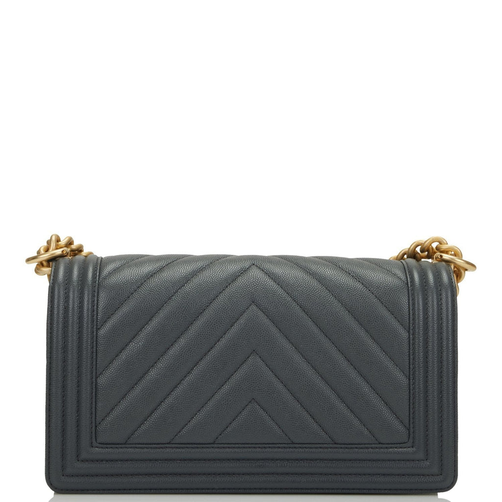 Chanel Medium Boy Bag Dark Grey Chevron Caviar Antique Gold Hardware