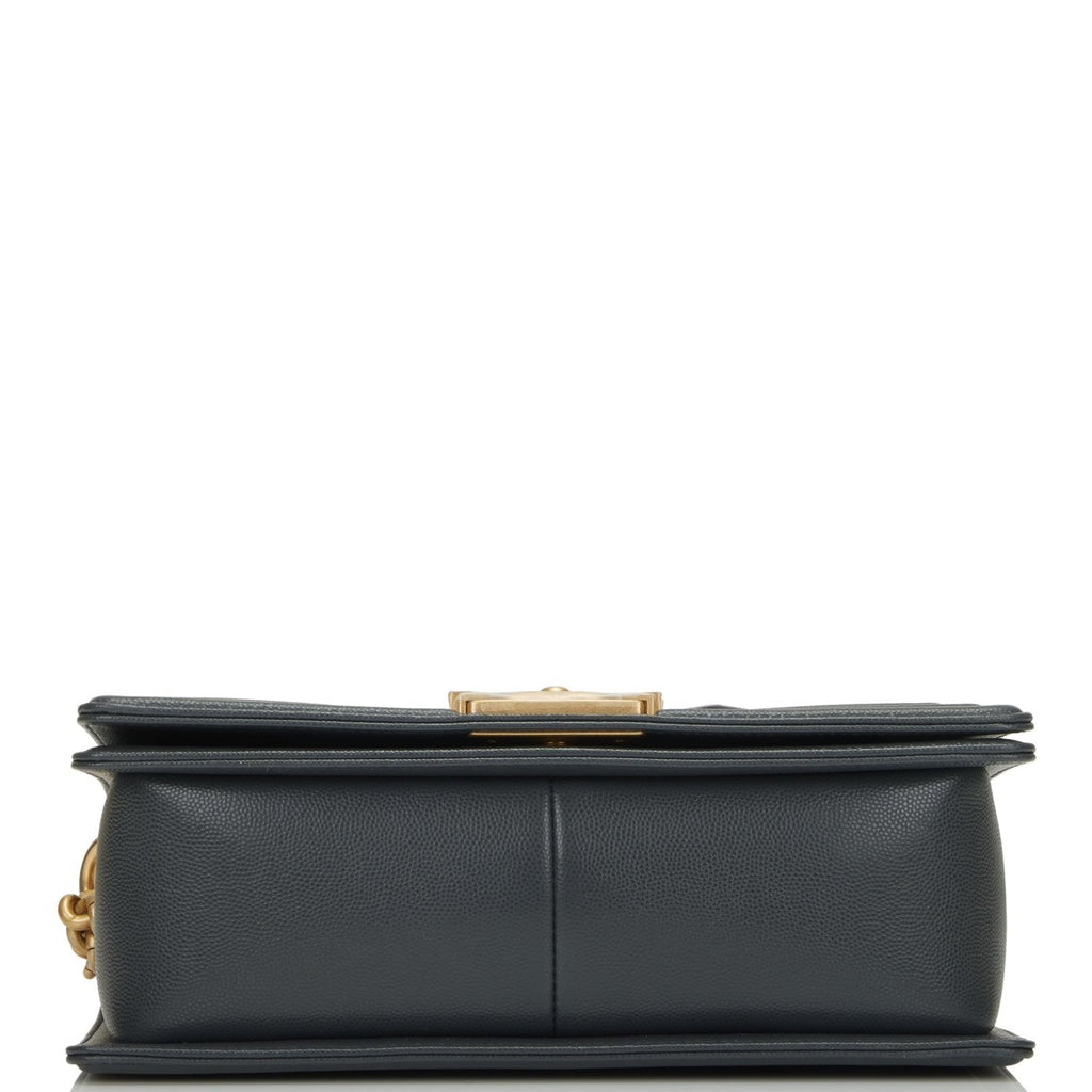 Chanel Medium Boy Bag Dark Grey Chevron Caviar Antique Gold Hardware