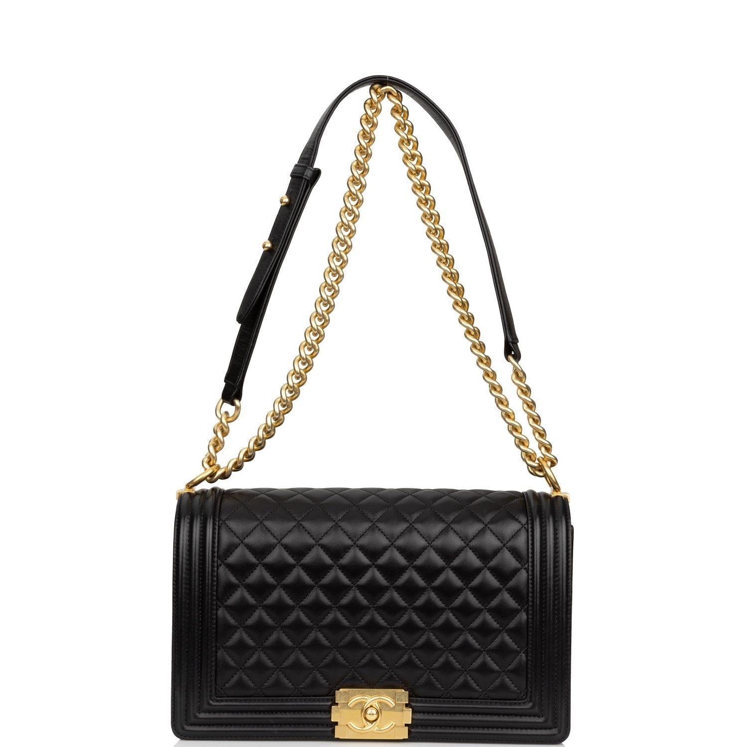Chanel New Medium Boy Bag Black Lambskin Antique Gold Hardware