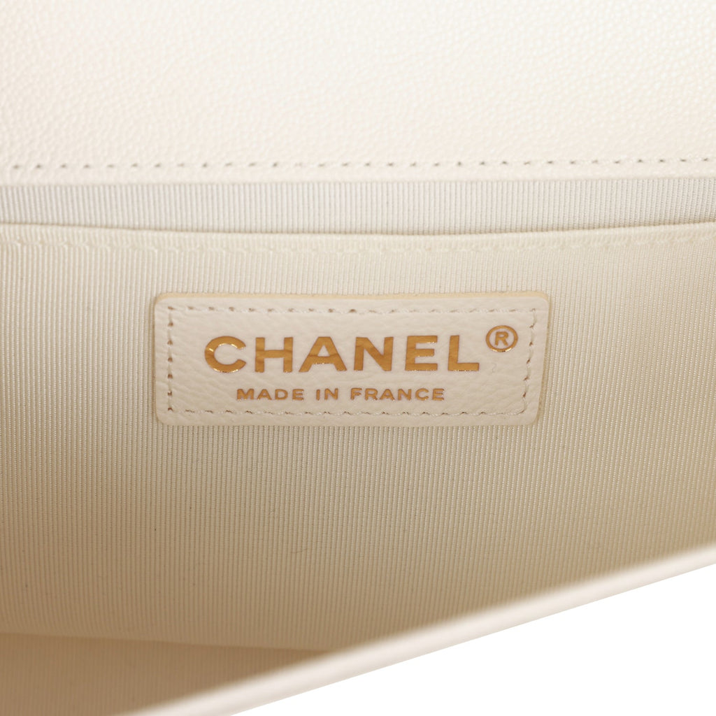 Chanel Medium Boy White Chevron Caviar Light Gold Hardware