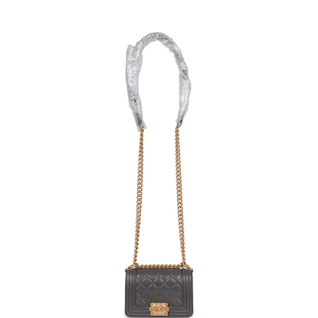 Chanel Mini Boy Bag Grey Caviar Antique Gold Hardware
