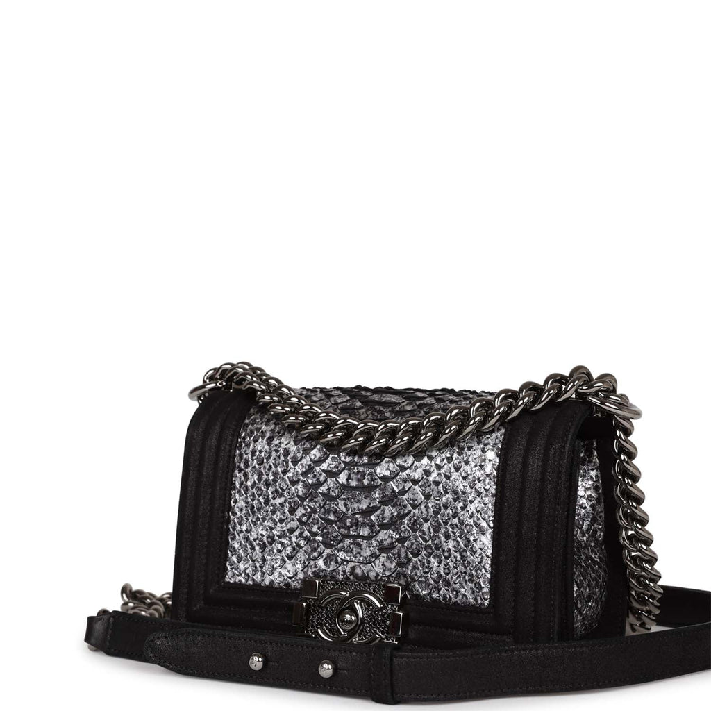 Chanel Small Boy Bag Black Suede and Silver Python Silver Hardware