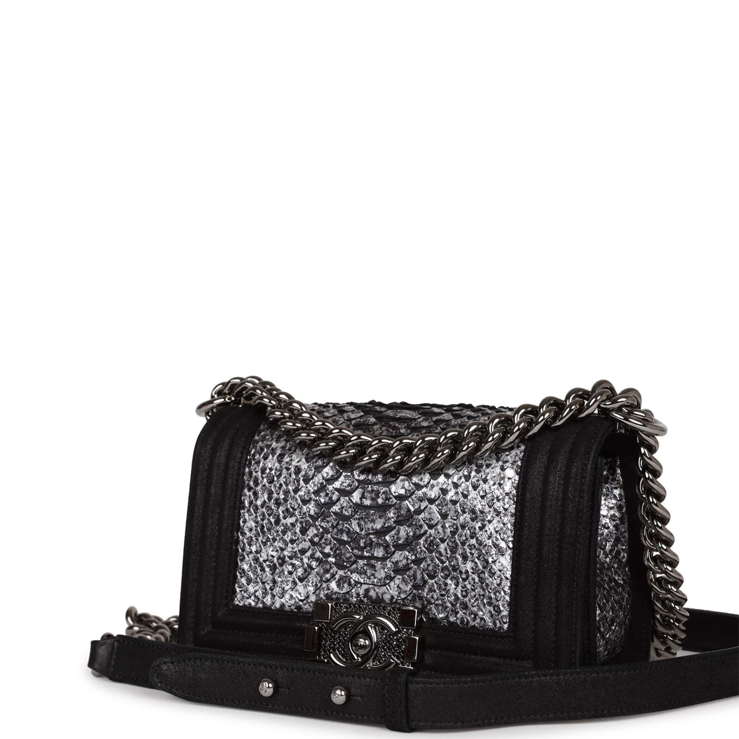 Chanel Small Boy Bag Black Suede and Silver Python Silver Hardware
