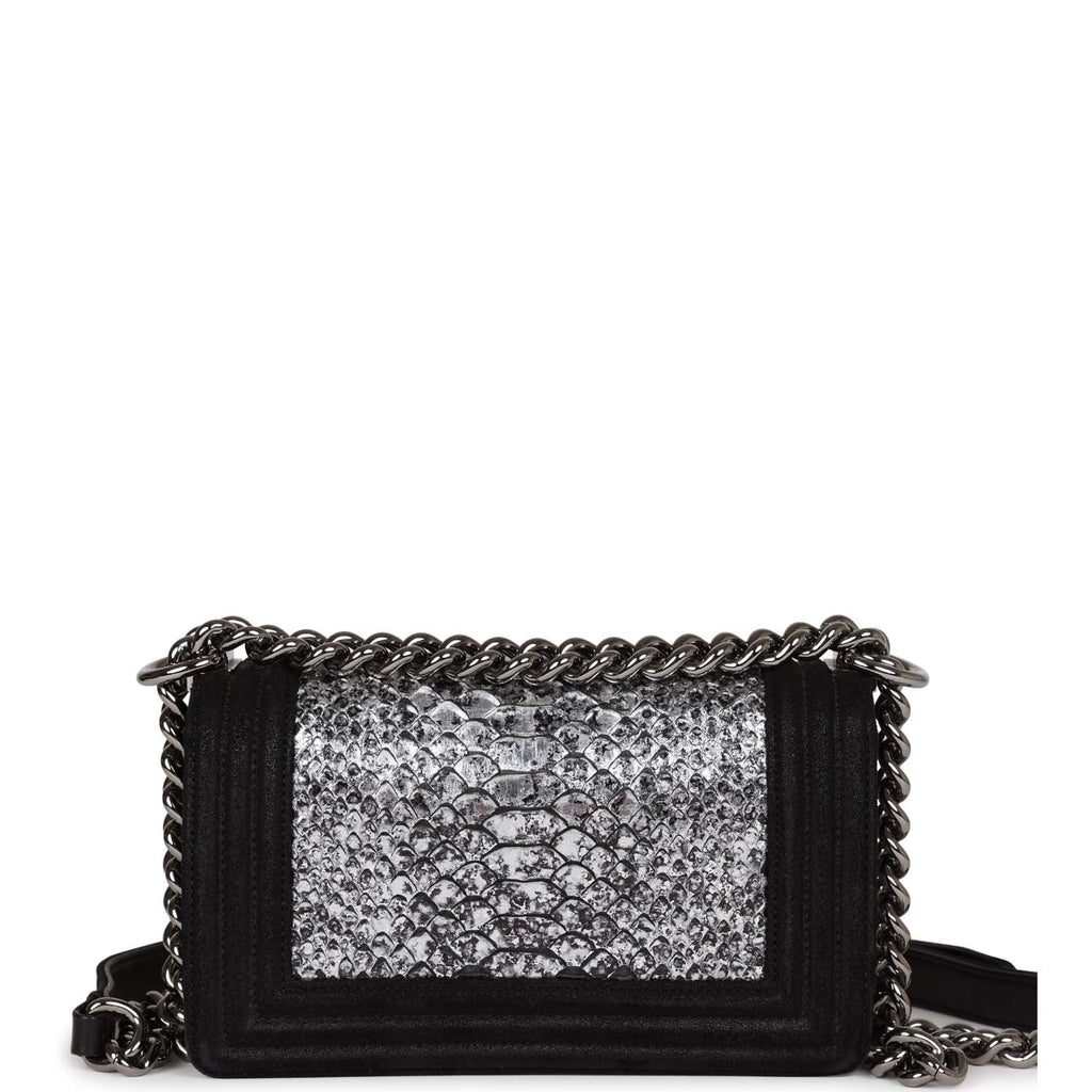 Chanel Small Boy Bag Black Suede and Silver Python Silver Hardware