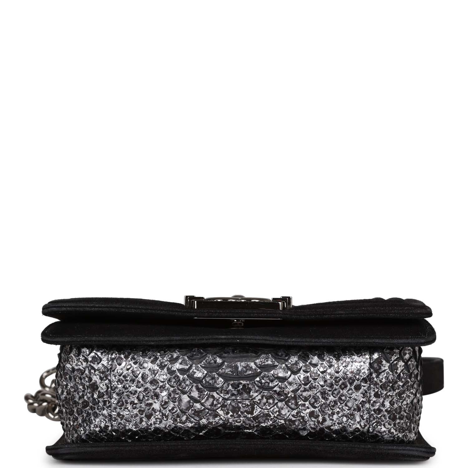 Chanel Small Boy Bag Black Suede and Silver Python Silver Hardware
