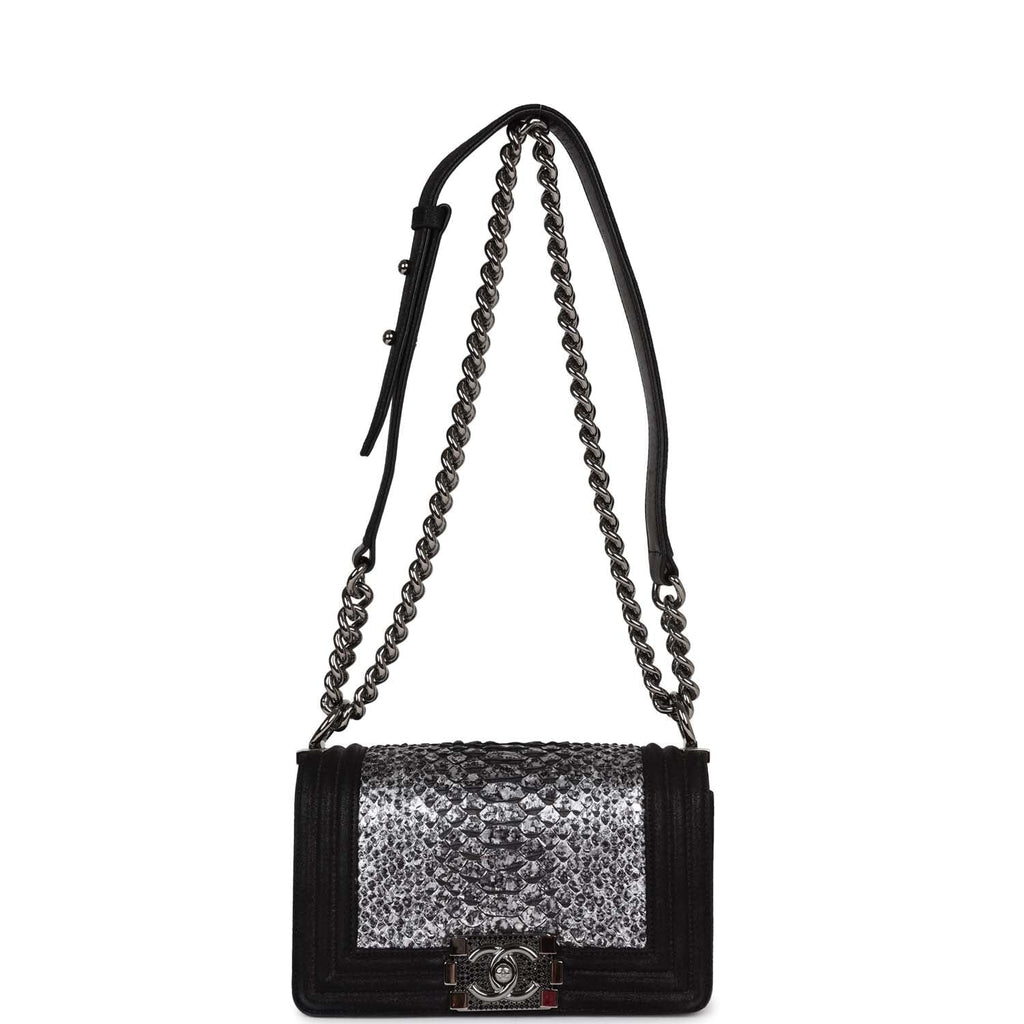 Chanel Small Boy Bag Black Suede and Silver Python Silver Hardware