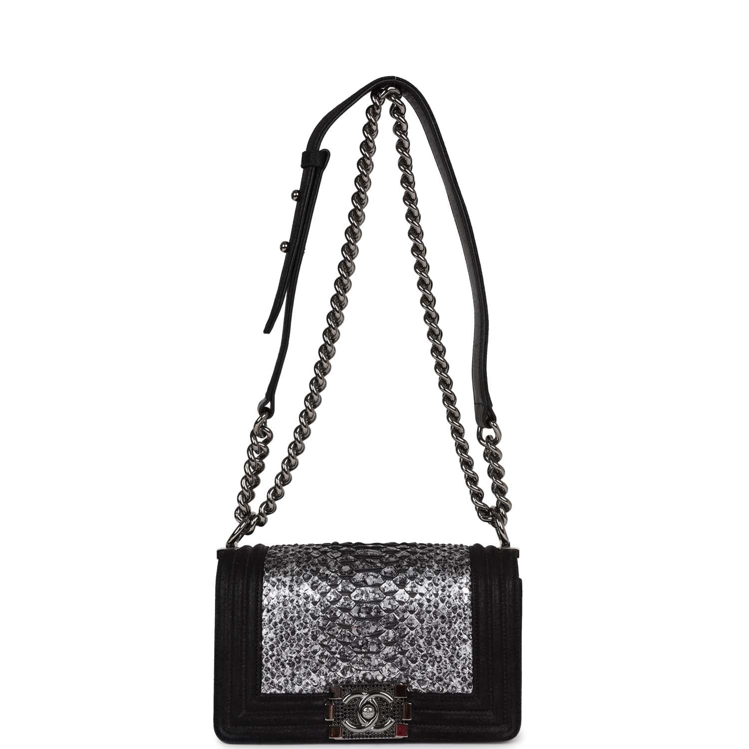 Chanel Small Boy Bag Black Suede and Silver Python Silver Hardware