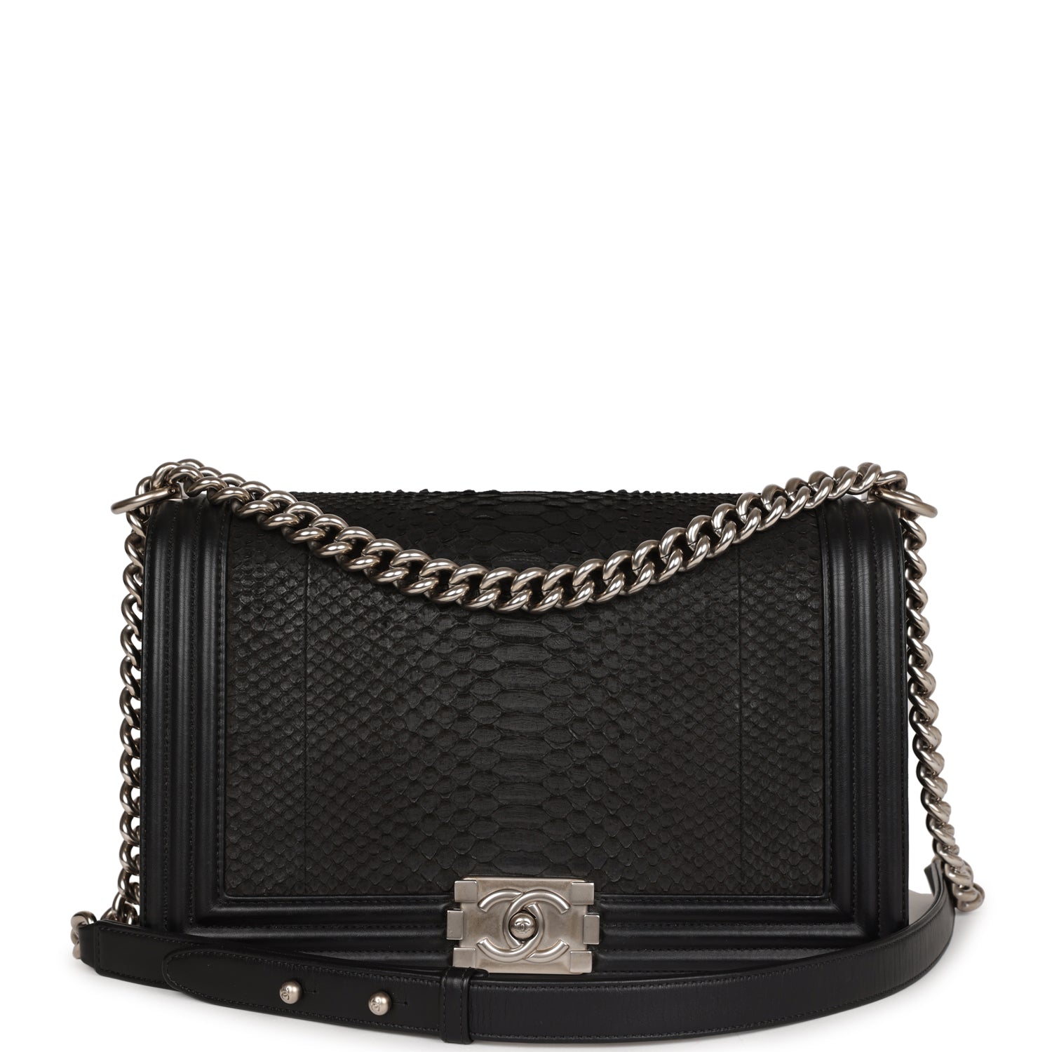 Chanel Medium Boy Bag Black Python and Lambskin Brushed Silver Hardware