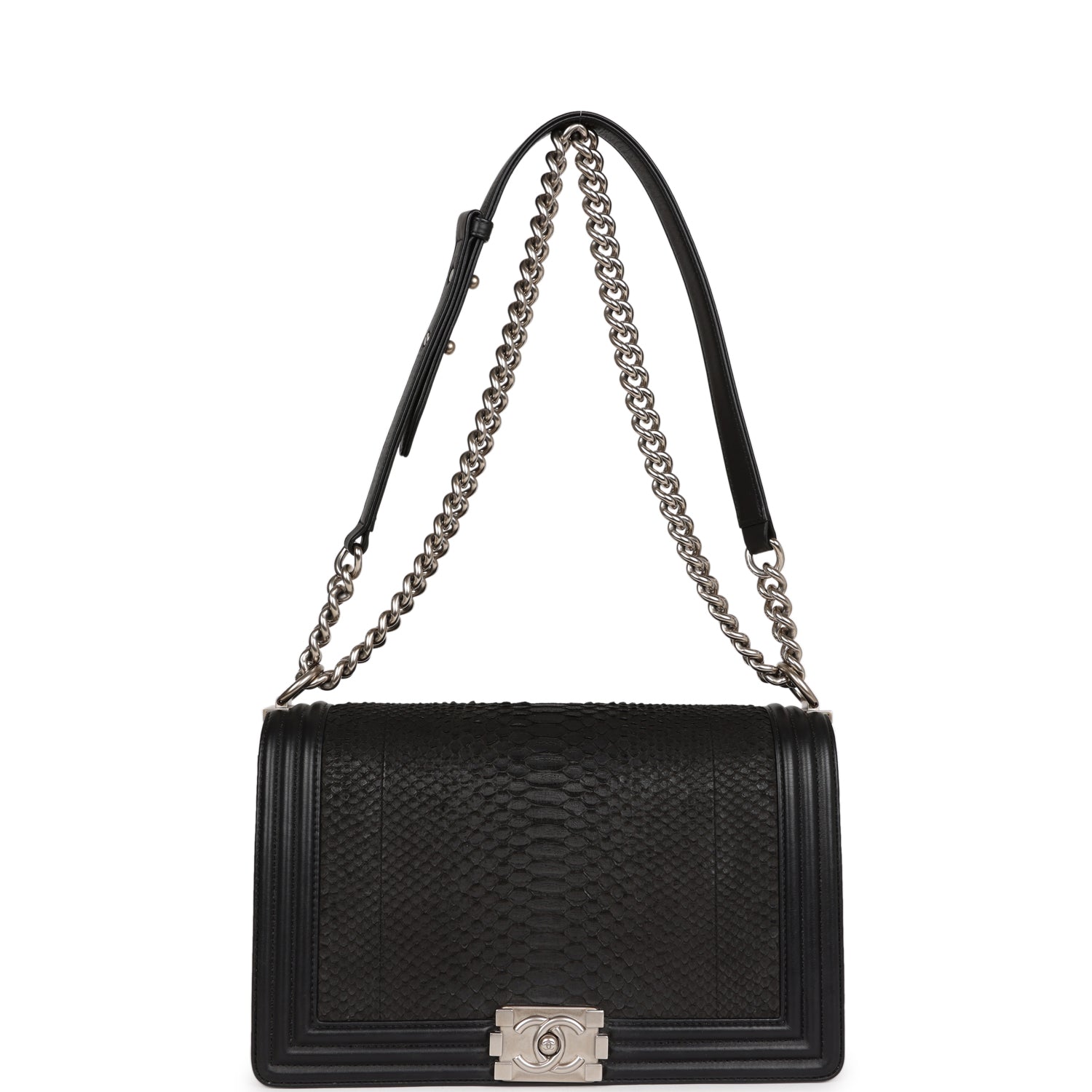 Chanel Medium Boy Bag Black Python and Lambskin Brushed Silver Hardware