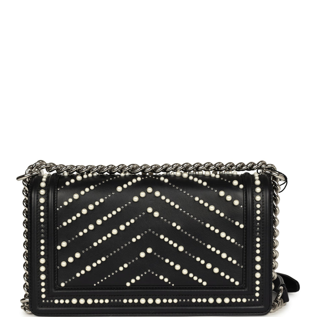 Chanel Medium Boy Bag Black Pearl Chevron Calfskin Silver Hardware