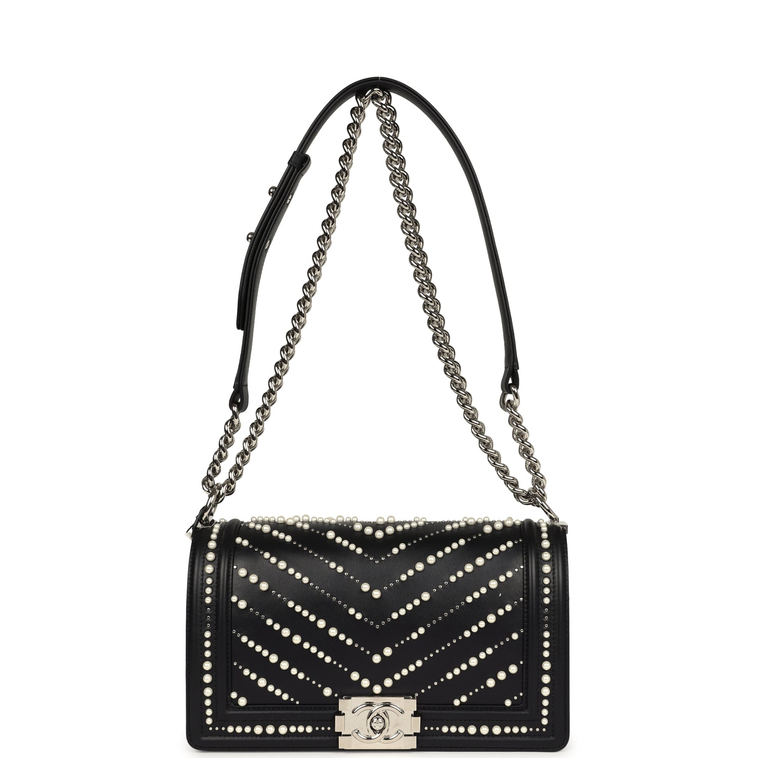 Chanel Medium Boy Bag Black Pearl Chevron Calfskin Silver Hardware