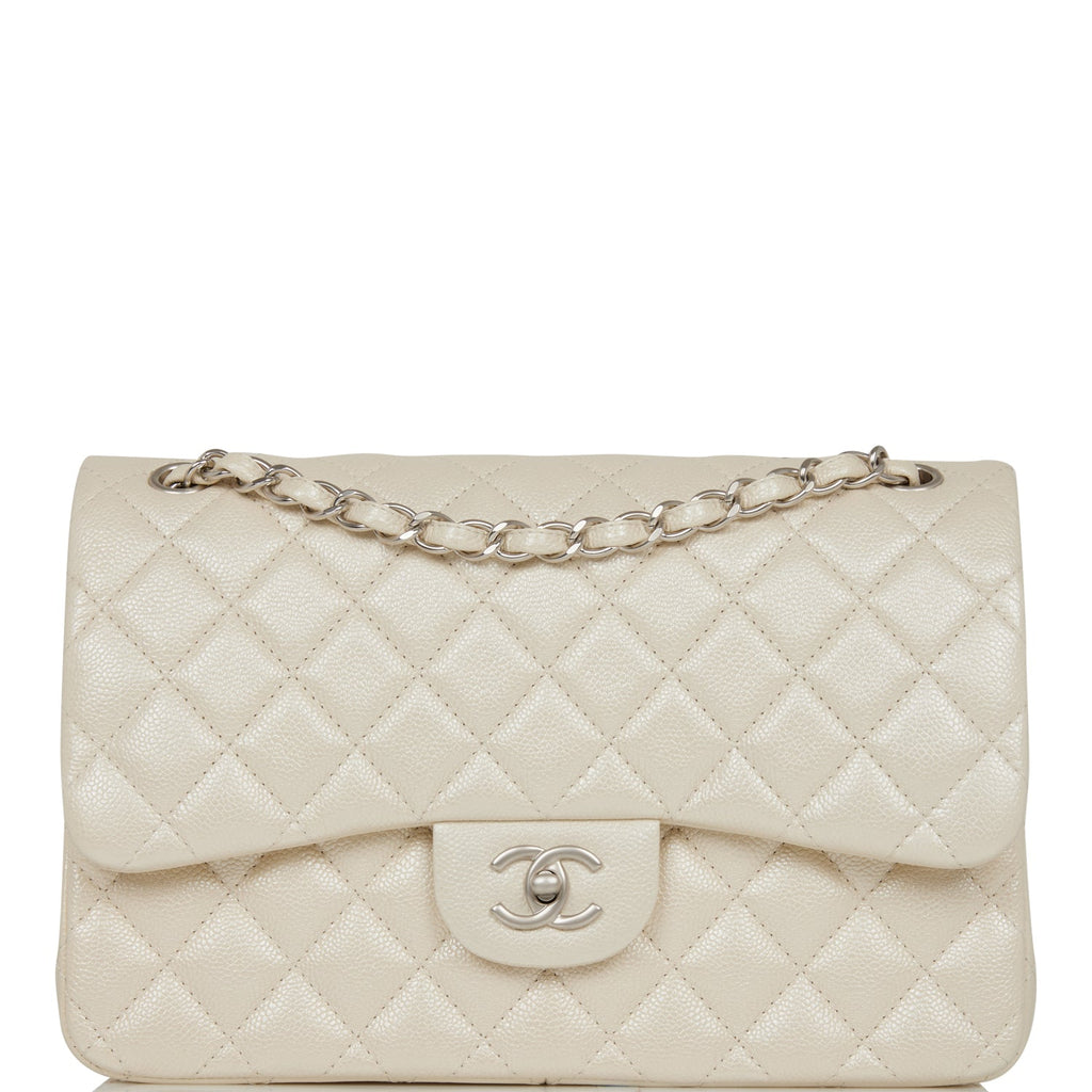 Chanel Jumbo Classic Double Flap Bag White Iridescent Caviar Silver Hardware