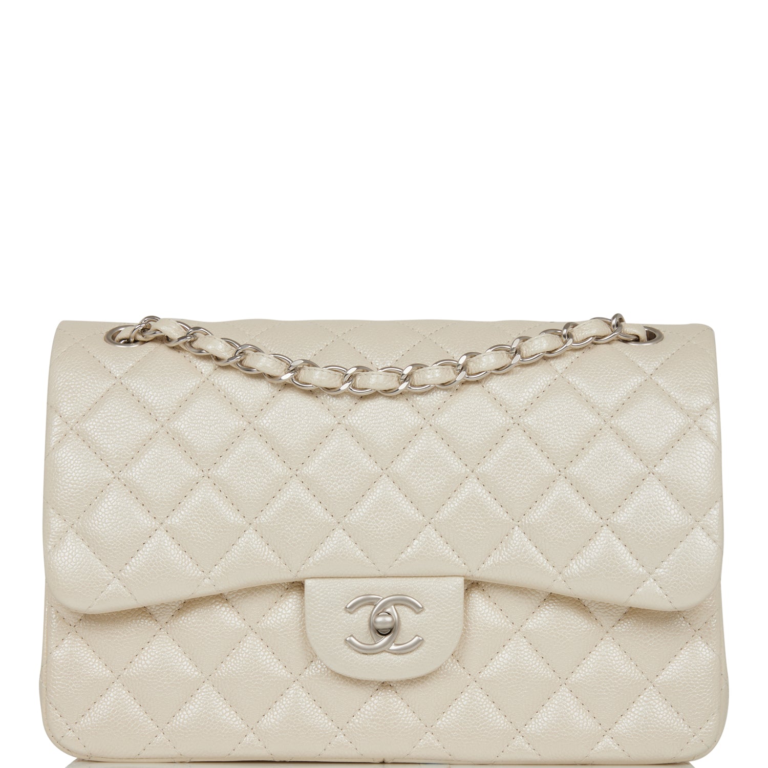 Chanel Jumbo Classic Double Flap Bag White Iridescent Caviar Silver Hardware