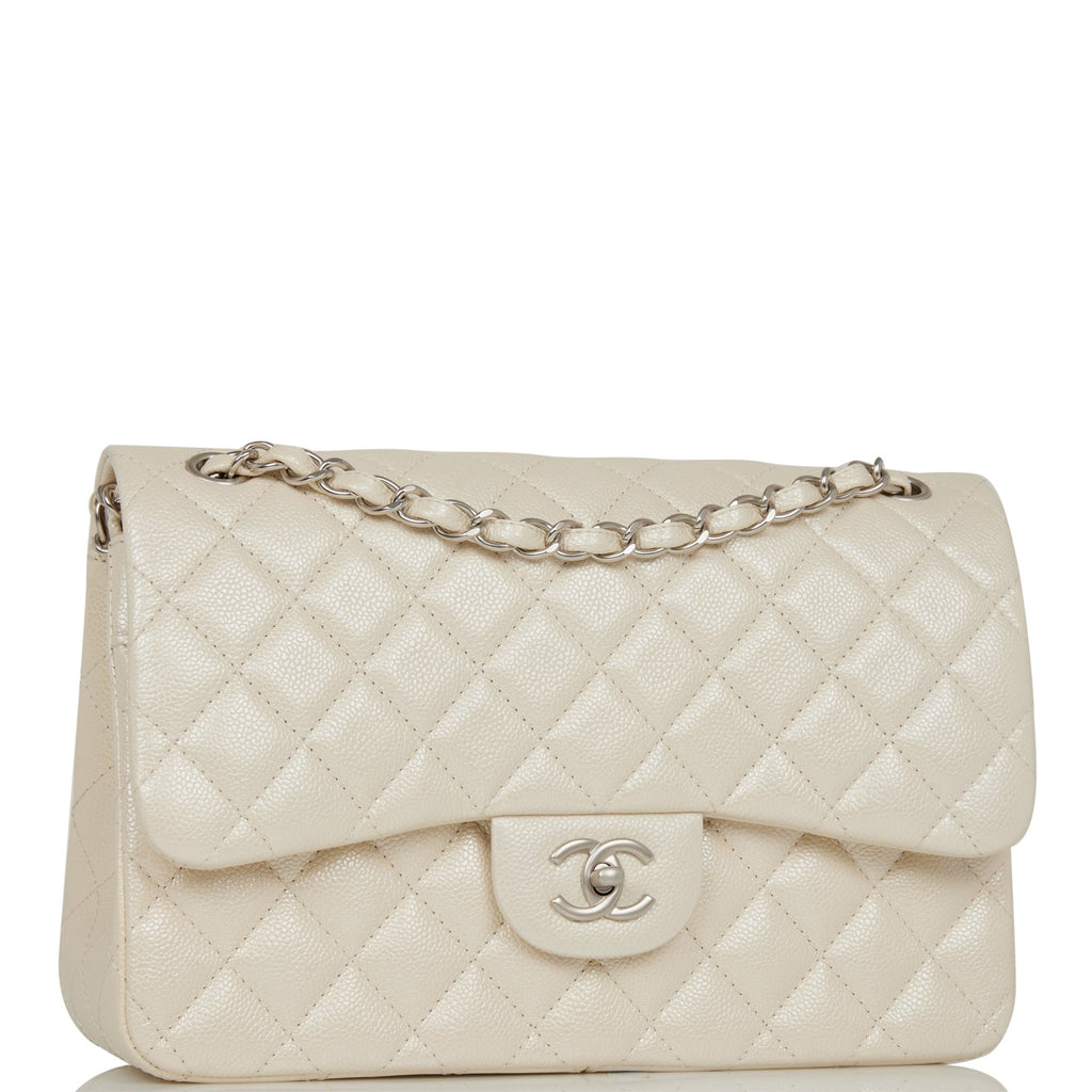 Chanel Jumbo Classic Double Flap Bag White Iridescent Caviar Silver Hardware