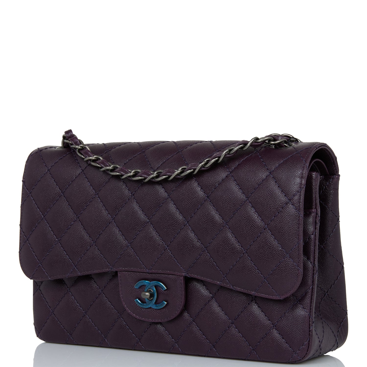 Chanel Jumbo Classic Double Flap Bag Dark Purple Caviar Ruthenium Hardware