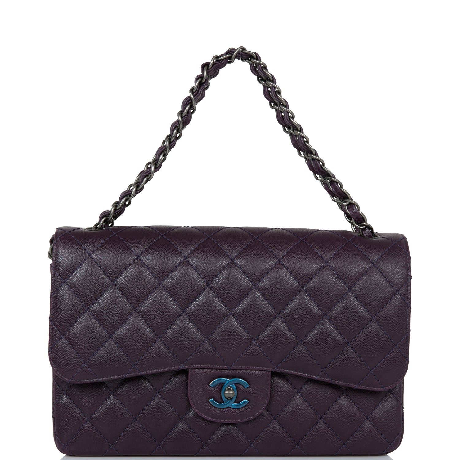 Chanel Jumbo Classic Double Flap Bag Dark Purple Caviar Ruthenium Hardware