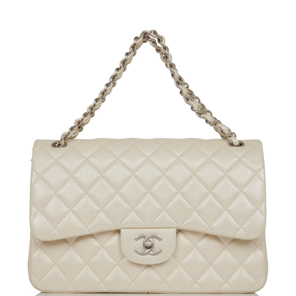 Chanel Jumbo Classic Double Flap Bag White Iridescent Caviar Silver Hardware
