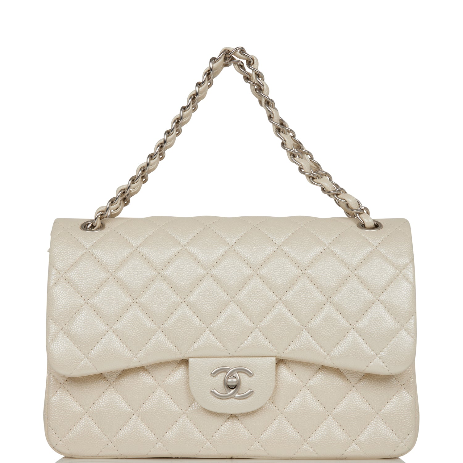 Chanel Jumbo Classic Double Flap Bag White Iridescent Caviar Silver Hardware