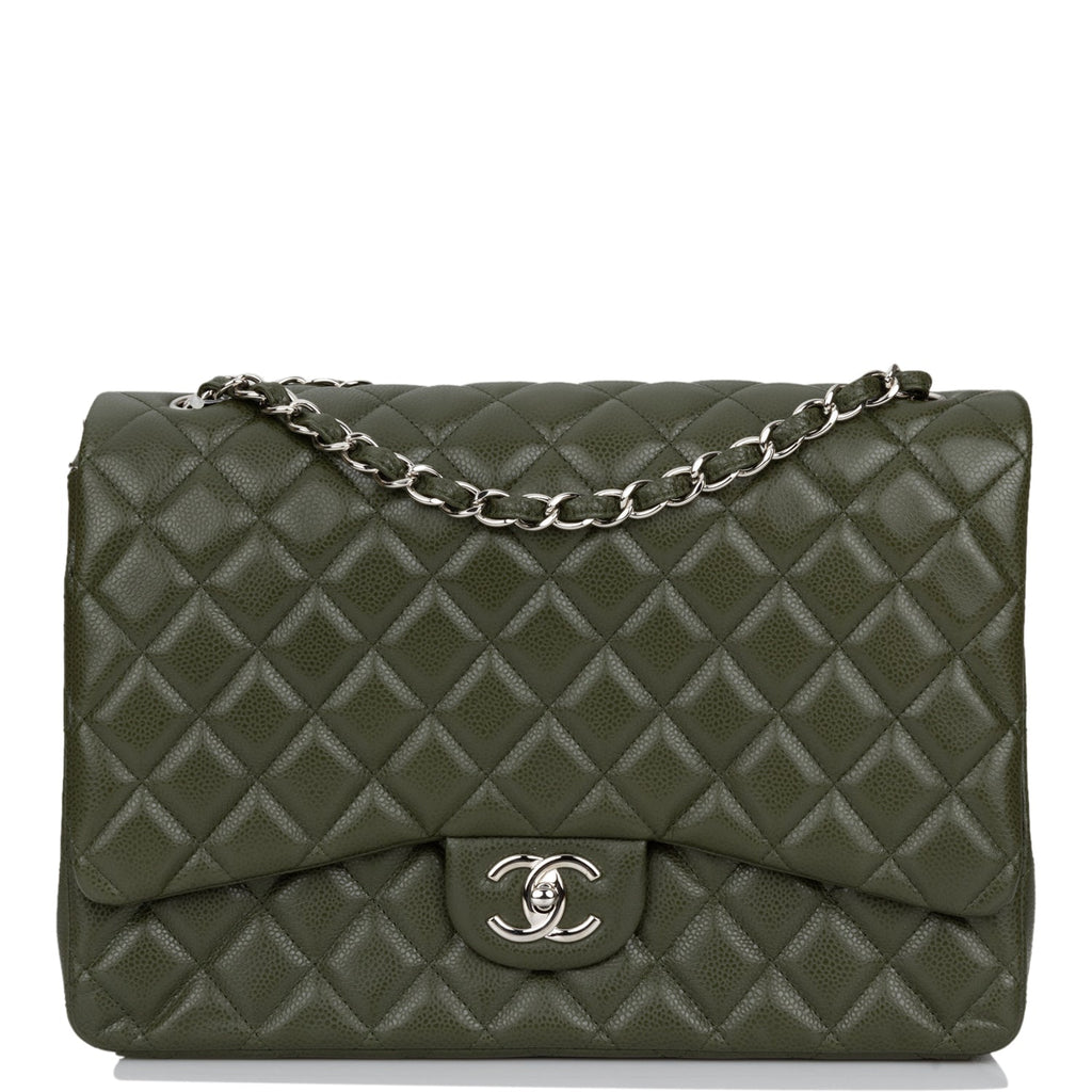 Chanel Maxi Classic Double Flap Bag Dark Green Caviar Silver Hardware