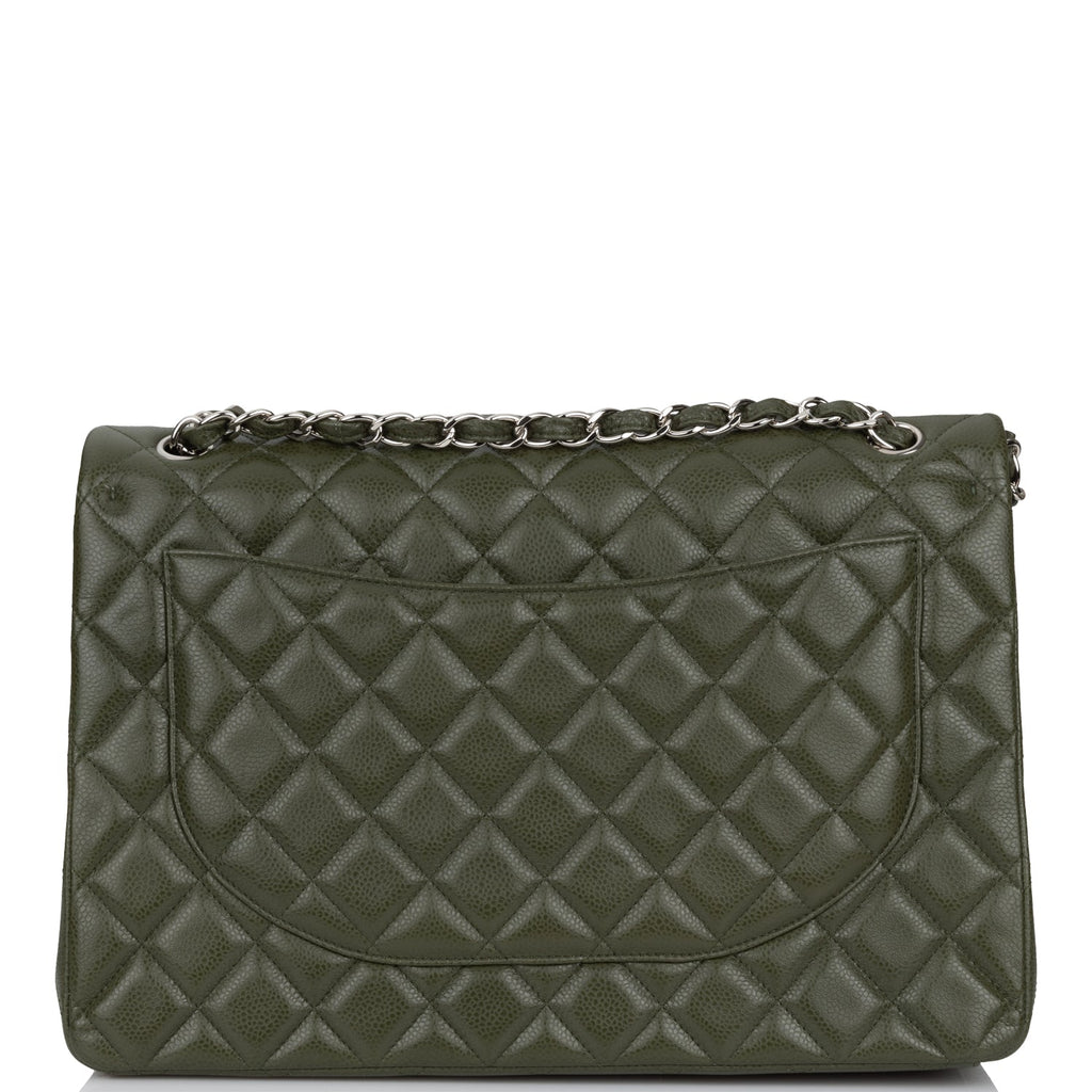Chanel Maxi Classic Double Flap Bag Dark Green Caviar Silver Hardware