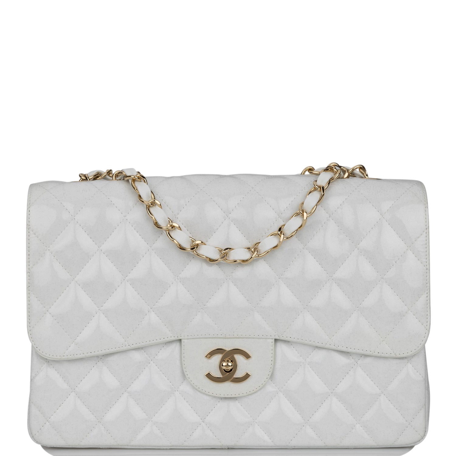 Chanel Jumbo Classic Single Flap Bag White Glitter Patent Leather Gold Hardware