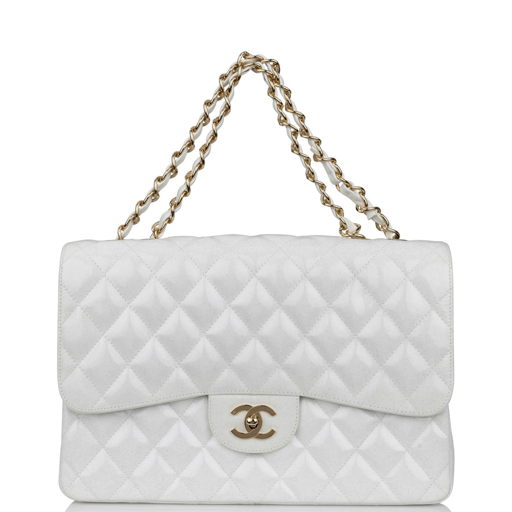 Chanel Jumbo Classic Single Flap Bag White Glitter Patent Leather Gold Hardware