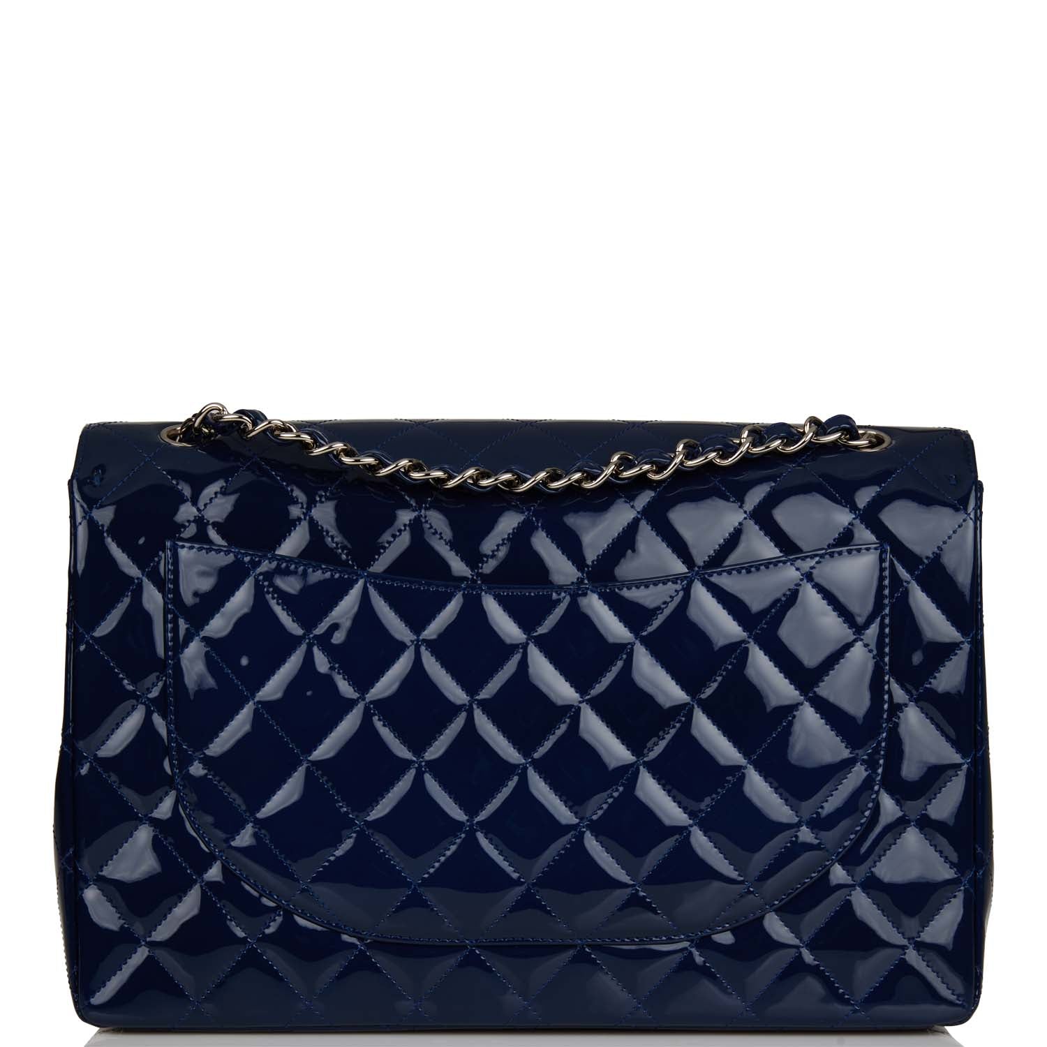 Chanel Maxi Classic Single Flap Bag Dark Blue Patent Silver Hardware