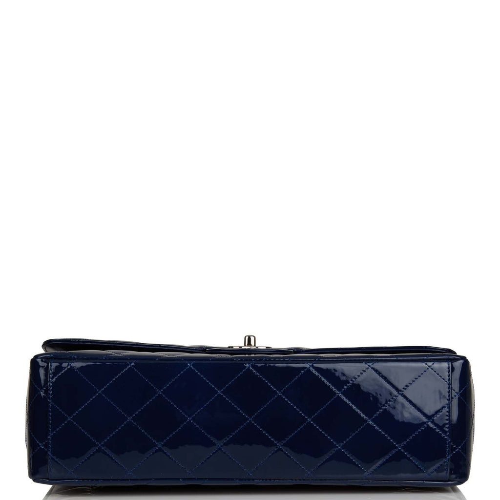 Chanel Maxi Classic Single Flap Bag Dark Blue Patent Silver Hardware