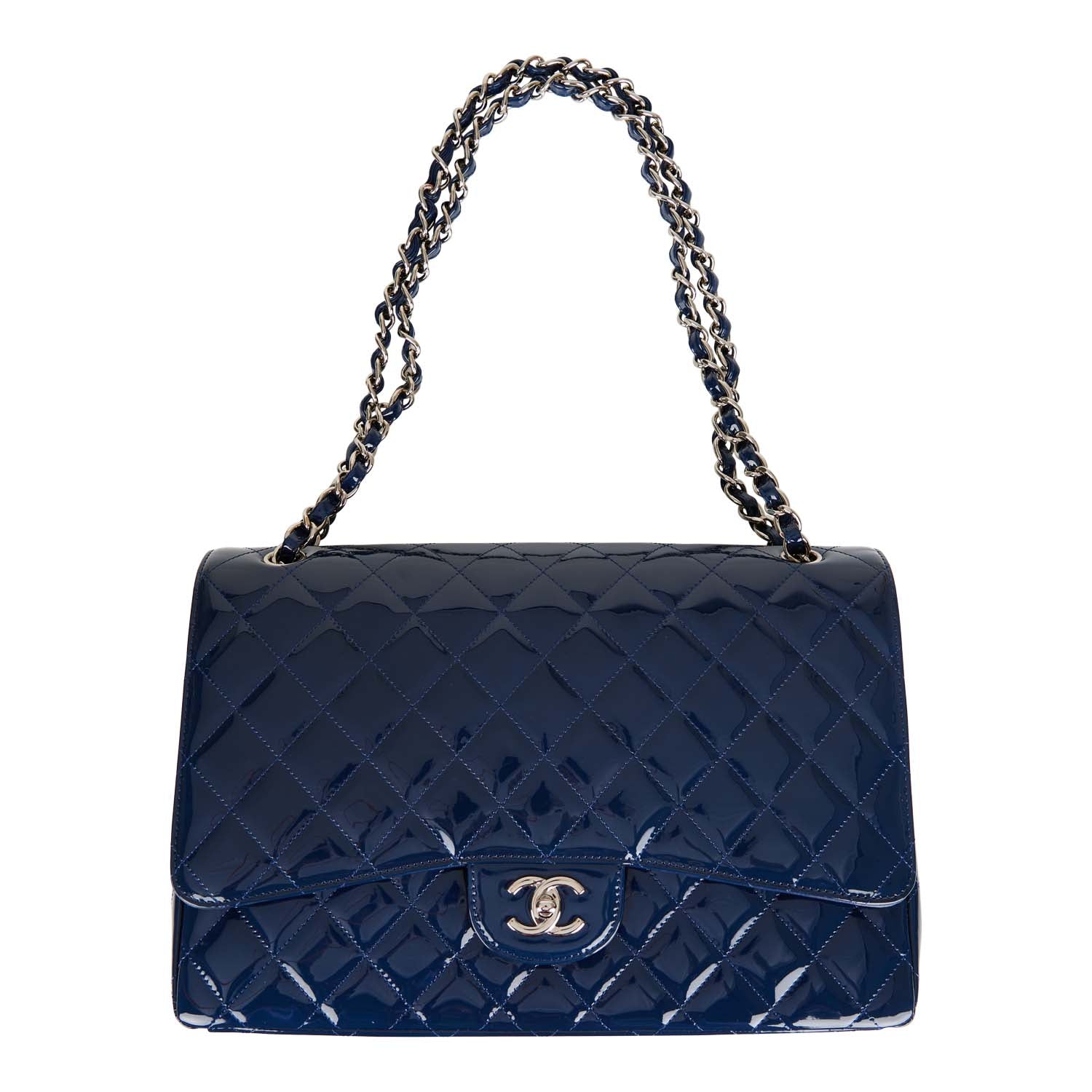 Chanel Maxi Classic Single Flap Bag Dark Blue Patent Silver Hardware