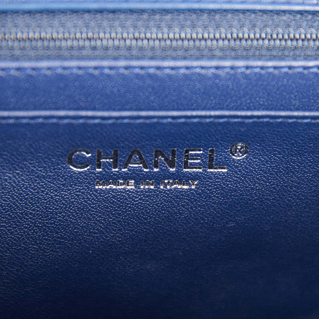 Chanel Maxi Classic Single Flap Bag Dark Blue Patent Silver Hardware